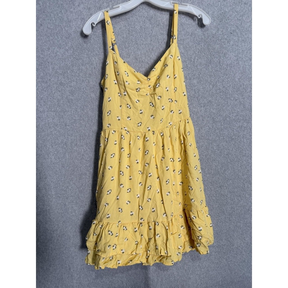 Hollister Dress Womens M Yellow Floral V Neck Ruffle Hem Tie Back Sundress Short